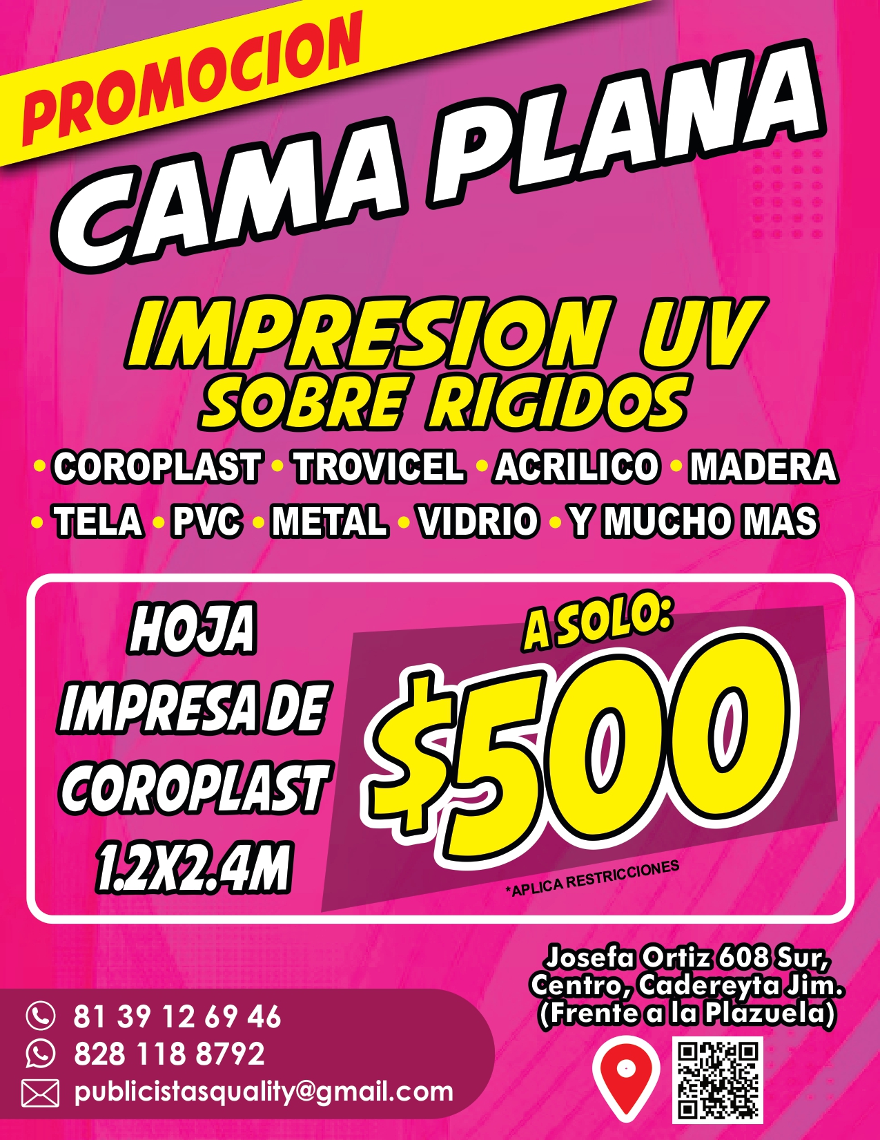 Cama Plana UV $500 hoja 1.2×2.4 m